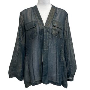 Chico’s Green & Gold Sheer Textured Snake Skin Billow Sleeve Blouse